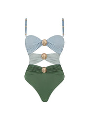 Morandi Green Colorblock High-Waist Swimsuit Set