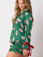 Green Satin Nutcracker Red Bow Pajama Set