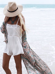 Boho Floral Pattern Open Front Chiffon Maxi Cover Up
