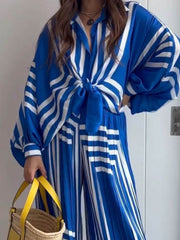 Geometric Striped Print Long Sleeve Shirt & Wide Leg Pants Sets
