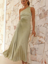 Pleated One-Shoulder Cut-Out Waist Gown