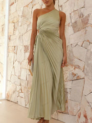 Pleated One-Shoulder Cut-Out Waist Gown