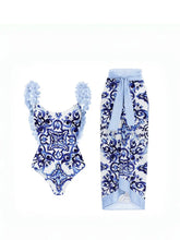 Blue One-Piece Bikini with Handmade Applique