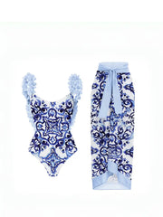 Blue One-Piece Bikini with Handmade Applique