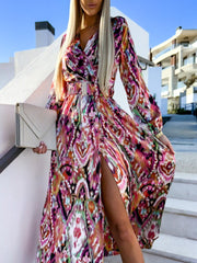 V-Neck Long-Sleeved Belted Maxi Dress