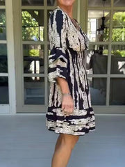 Chevron Pleat Painted Flare-Sleeved Dress