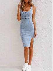 Adjustable Straps U Neck Slit Denim Bodycon Cami Dress