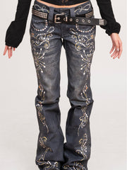 Rhinestone Pattern Silhouette Flared Jeans