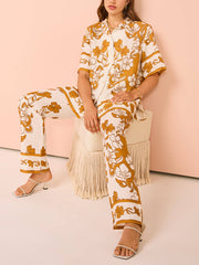 Floral Print Casual Short Sleeve Pants Set