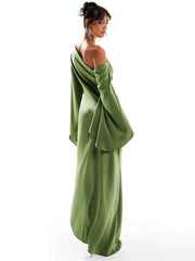 Green Asymmetrical Hem Satin Maxi Dress