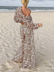 Button Open Collar Loose Zebra Print Drawstring Wide Leg Pants-Set