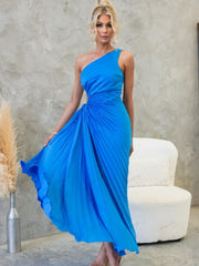 Pleated One-Shoulder Cut-Out Waist Gown