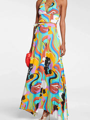 Deep V Halter Neck Print Swimsuit Set