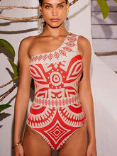 One Shoulder Ethnic Print One Piece Swimsuit