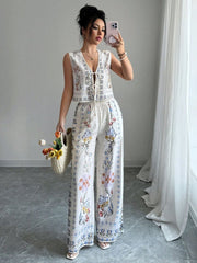 Tie-Up Vest & Wide-Leg Pants Set �Sky Blue Print