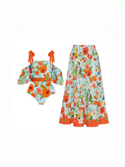 Floral Puff Sleeve Bandeau One-Piece Swimsuit