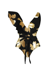 Foil Print Deep V Ruffle One Piece Swimsuit