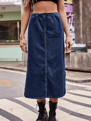 Drawstring Waist Denim Midi Skirt