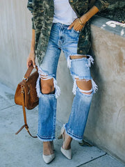 Ripped Distressed Beggar-Style Denim Pants