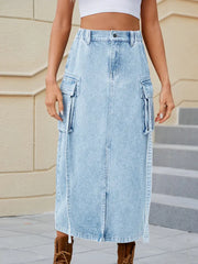 Washed Elastic Waist Tie-Detail Cargo Skirt