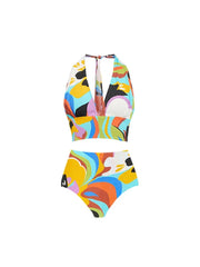 Deep V Halter Neck Print Swimsuit Set