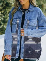 Boho Geometric Patchwork Denim Wool Coat
