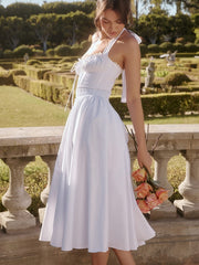 White Backless Halter Midi Dress