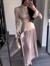 Color Block Splicing Slim Fit Lace-Up Long Sleeve Maxi Dress