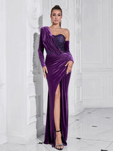 Purple Sequin High-Slit Long Dress