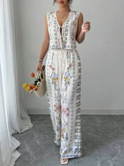 Tie-Up Vest & Wide-Leg Pants Set �Sky Blue Print