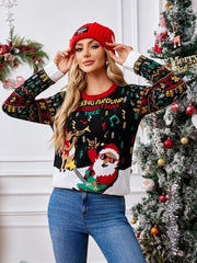 Knit Crewneck Embroidered Sweater �Santa Claus & Musical Notes