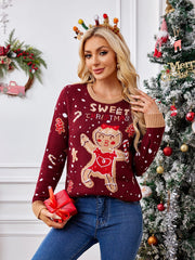 Casual Crewneck Embroidered Sweater �Gingerbread Man