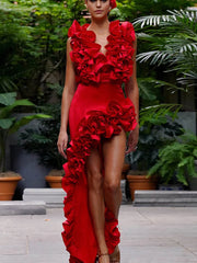 Ruffled V-Neck Red Asymmetrical Swimsuit Set