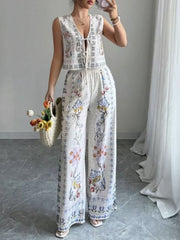 Tie-Up Vest & Wide-Leg Pants Set �Sky Blue Print
