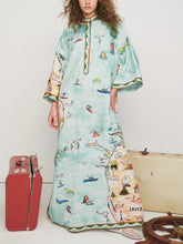 Modern Satin Art Island Print Slit Maxi Dress