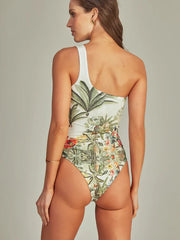 One-Shoulder Cutout Tropical Print Swimsuit