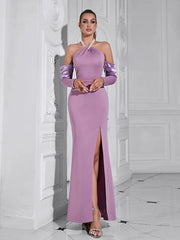 Pearl Halter Neck Long Sleeve Dress