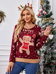 Casual Crewneck Embroidered Sweater �Gingerbread Man