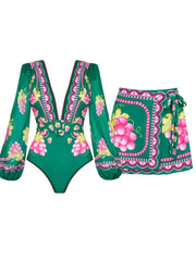 Long Sleeve Short skirt Swimsuit Set
