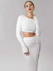Stylish Solid Color Pleated Knit Skirt Set