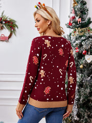 Casual Crewneck Embroidered Sweater �Gingerbread Man