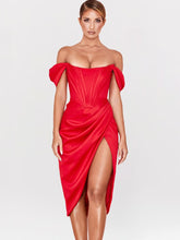 Cap Shoulder Corset Bodycon Midi Dress - Red
