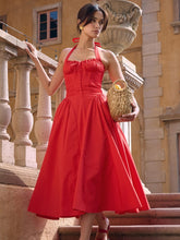 Red Backless Halter Midi Dress