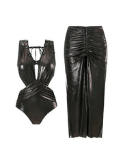 Black Sequin Appliqué Cutout Glossy Swimsuit