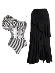 Off Shoulder Striped Print Swimsuit Set