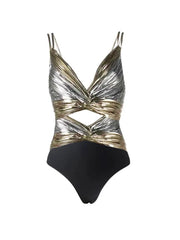 Cutout Silver Patchwork One-Piece with Skirt