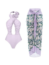 3D Floral Halter Backless Swimsuit Set