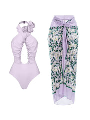 3D Floral Halter Backless Swimsuit Set