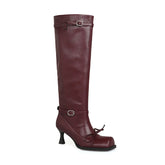 Square toe sheepskin Pleated knee high Boots