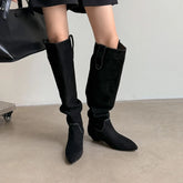 Autumn black Cow suede Pleated Western Boots